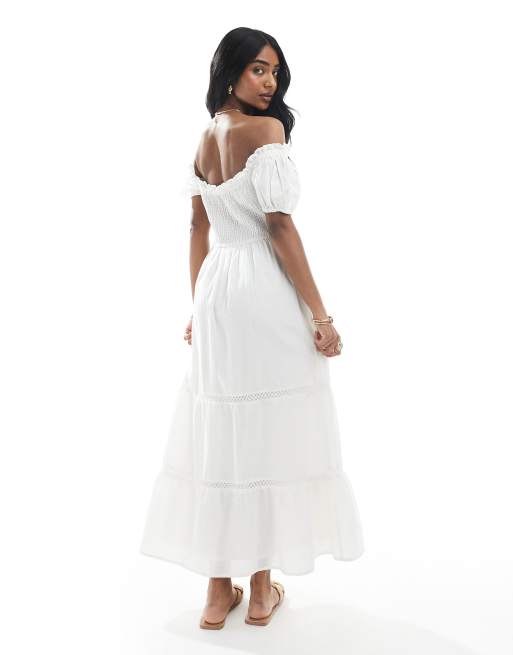 Wednesday's Girl bardot crochet midi trim dress in white