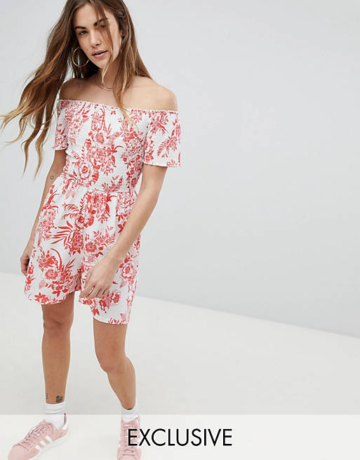 Wednesday's Girl Bardot Romper In Tropical Floral Print