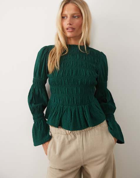 Wednesday's Girl bell sleeve shirred top in pineneedle - view 1