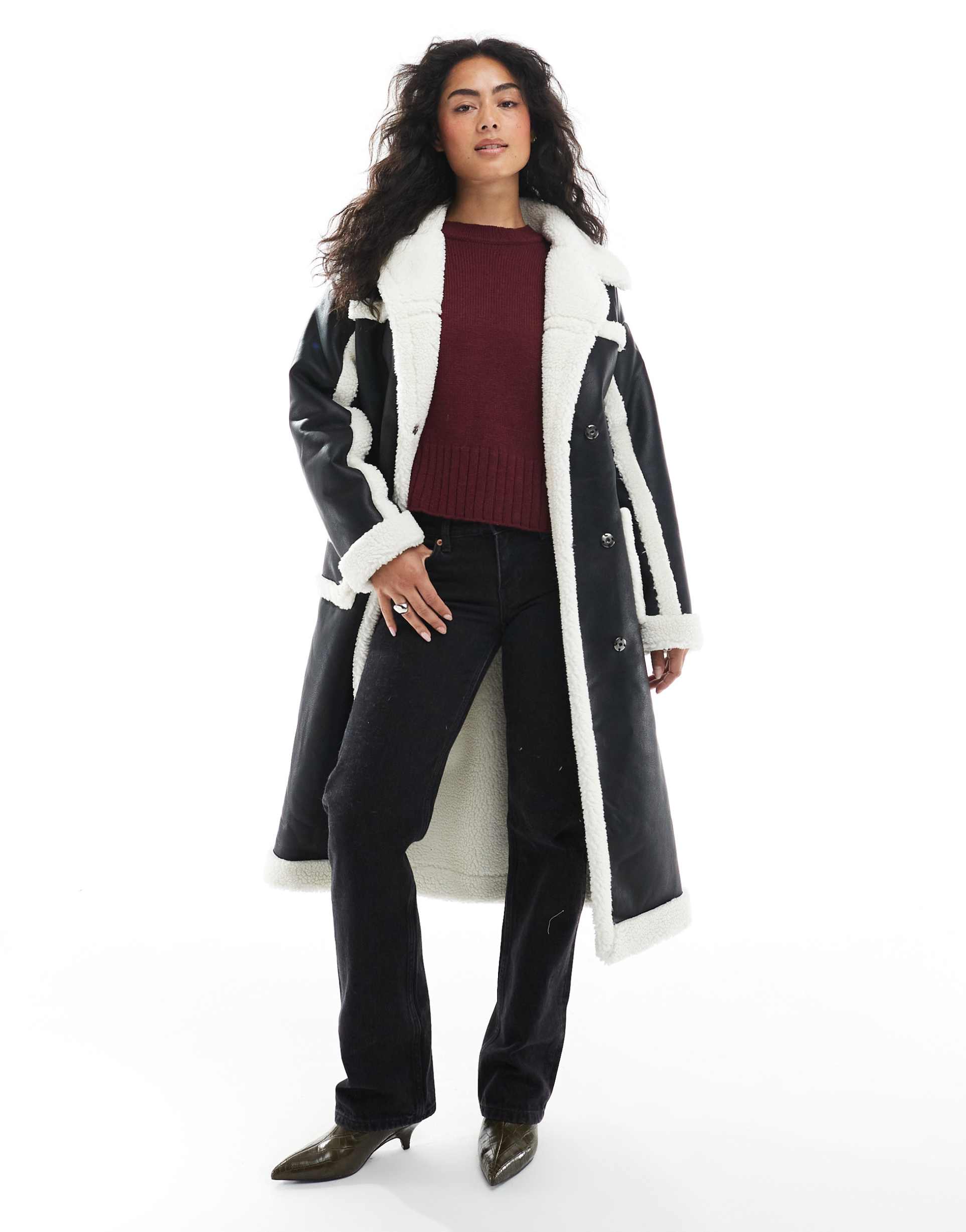 wednesday's girl belted faux shearling midaxi coat in black and cream