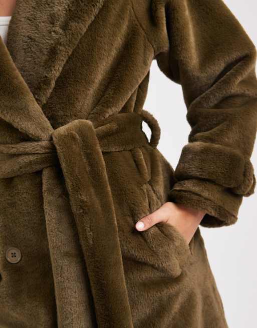 Wednesday's Girl belted faux shearling midaxi coat in deep olive