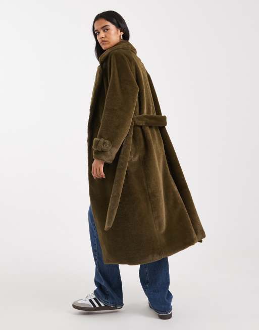 Wednesday's Girl belted faux shearling midaxi coat in deep olive