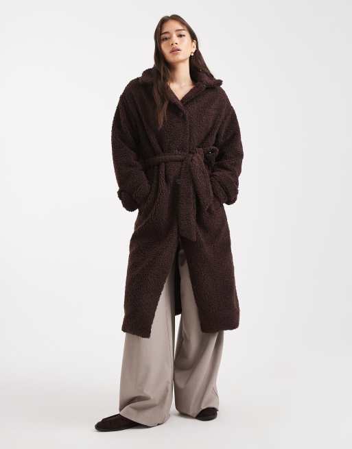 Wednesday's Girl belted fluffy borg midaxi coat in brown, 4 of 4