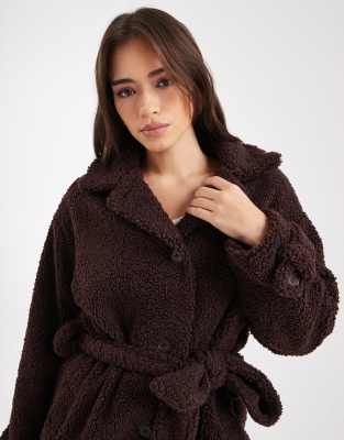 Wednesday's Girl Belted Fluffy Teddy Midaxi Coat In Brown
