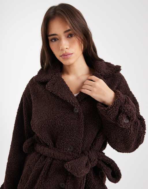Wednesday's Girl belted fluffy teddy midaxi coat in brown