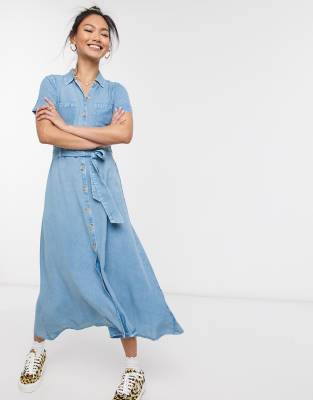 blue belted midi denim dress