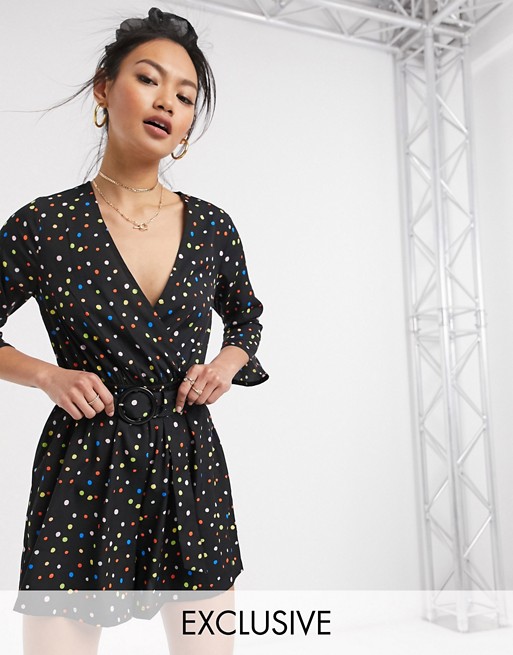 Wednesday's Girl belted wrap playsuit in rainbow polka dot