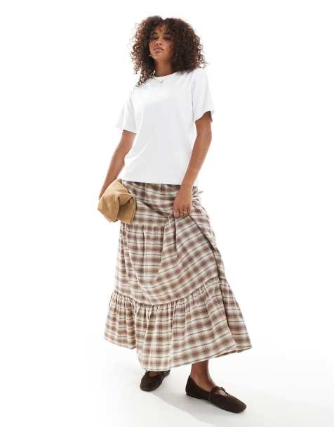 Wednesday's Girl check tiered maxi skirt in beige