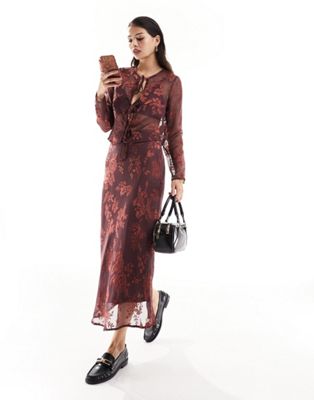 Wednesday's Girl bias cut floral burnout midaxi skirt co-ord in rust