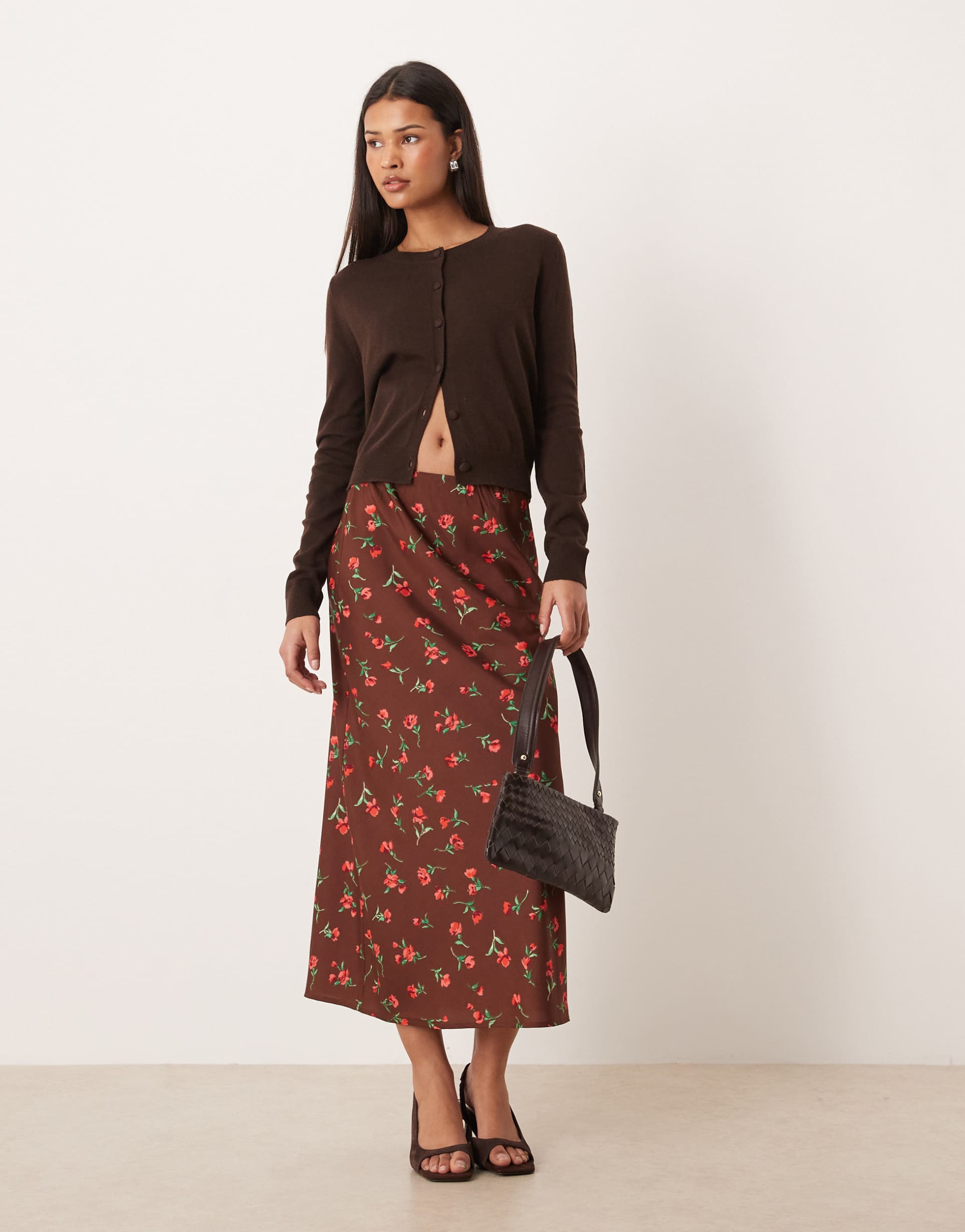 wednesday's girl bias cut midaxi skirt in brown floral print
