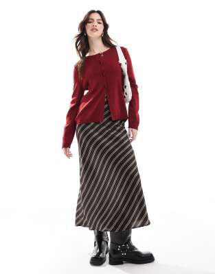 bias cut satin striped midi skirt in brown