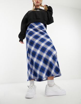 Wednesday's Girl bias cut tartan check midaxi skirt in blue - ASOS Price Checker