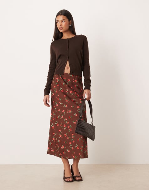 Wednesday's Girl bias midaxi skirt in brown floral print