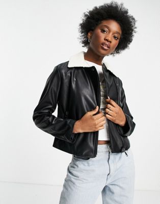 Wednesday's Girl biker jacket with sherpa collar in faux leather