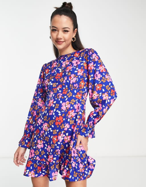 Wednesday's Girl – Blå empireskuren miniklänning med flerfärgat, blommigt vintagemönster