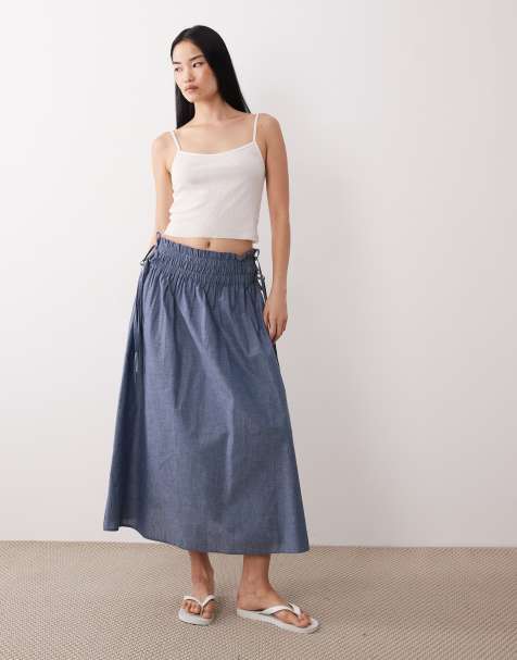 Wednesday's Girl - Blå midaxi-nederdel med bindedetalje i chambray - view 1