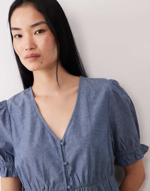 Wednesday's Girl - Blå smock-minikjole i chambray, 2 af 4