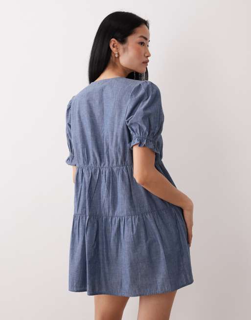 Wednesday's Girl - Blå smock-minikjole i chambray, 4 af 4