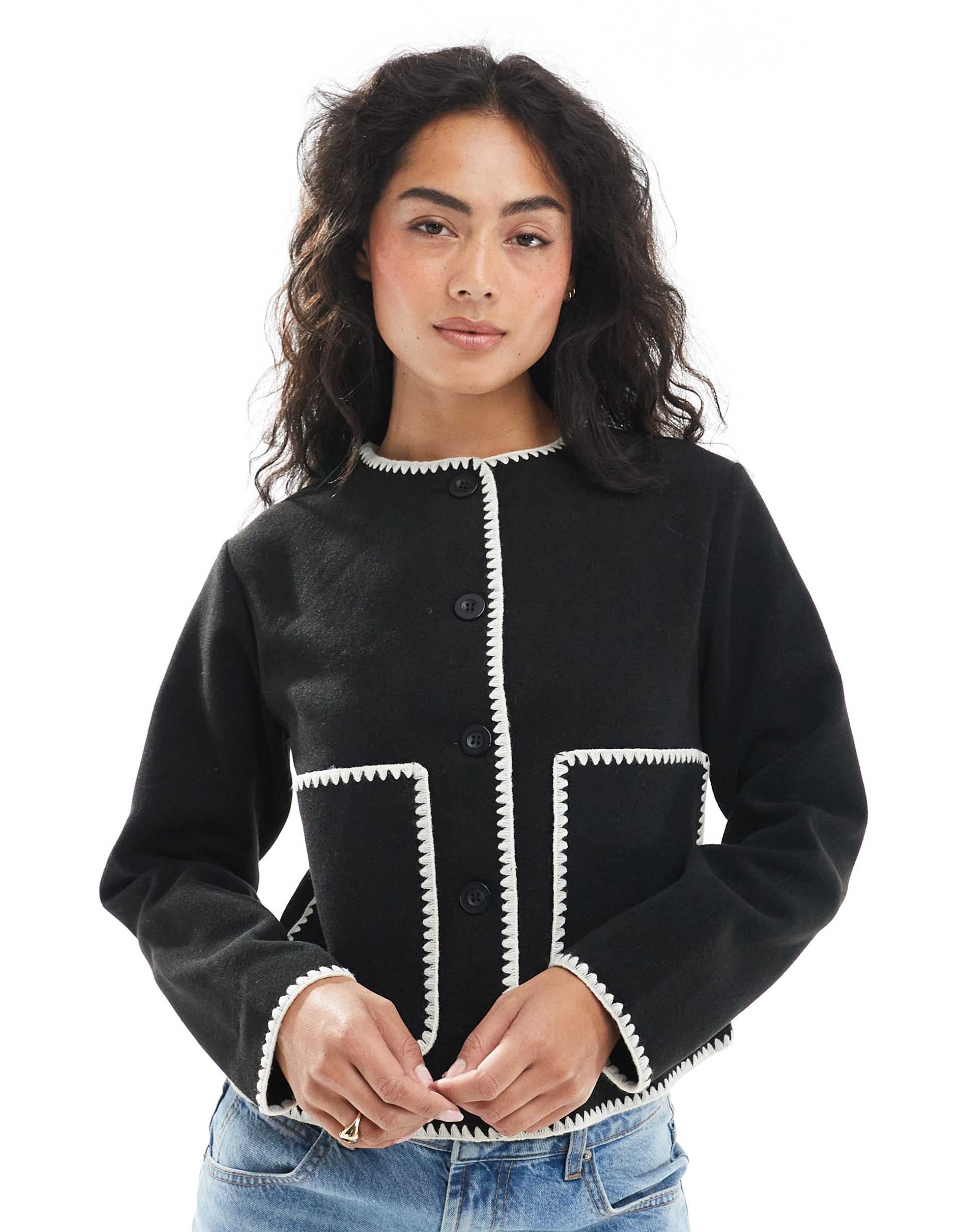 wednesday's girl blanket stitch boxy jacket in black