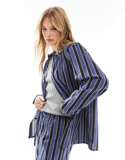 Wednesday's Girl block stripe oversized shirt co-ord in blue - view 1