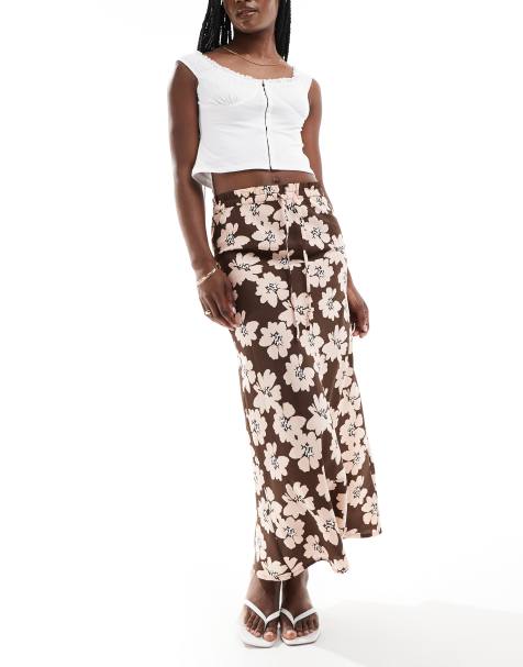Wednesday's Girl bloom floral bias cut midaxi skirt in brown - view 1