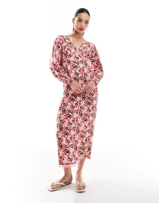 Wednesday's Girl bloom floral long sleeve tea dress in pink