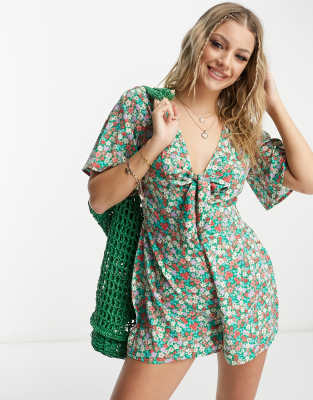 Wednesday's Girl bloom floral print playsuit in green | ASOS