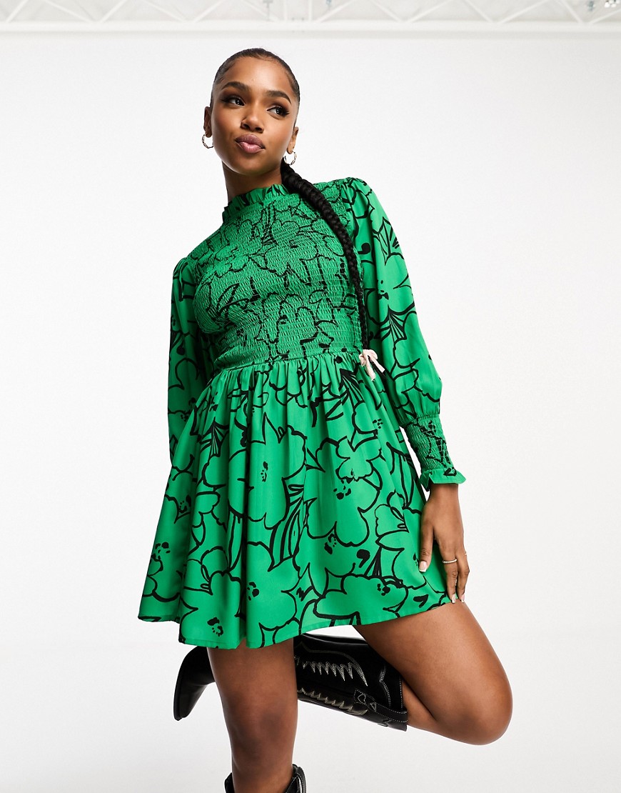 Wednesday’s Girl bloom floral shirred detail mini dress in green