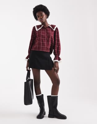 Blouse avec col fantaisie et carreaux style grille - Bordeaux-Rouge XS