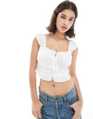 Blouse courte en broderie anglaise à mancherons - Blanc XL