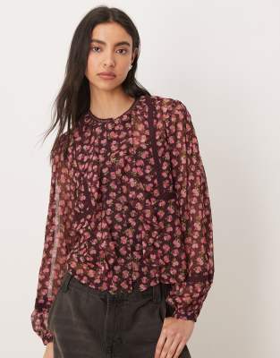 Blouse fluide à fleurs et manches longues - Rose XS