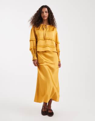 Blouse fluide avec liens et volants en dentelle - Jaune doré XL