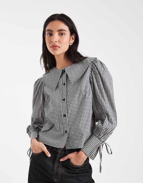 Wednesday's Girl - Blouse manches longues à carreaux avec col oversize - Gris - view 1