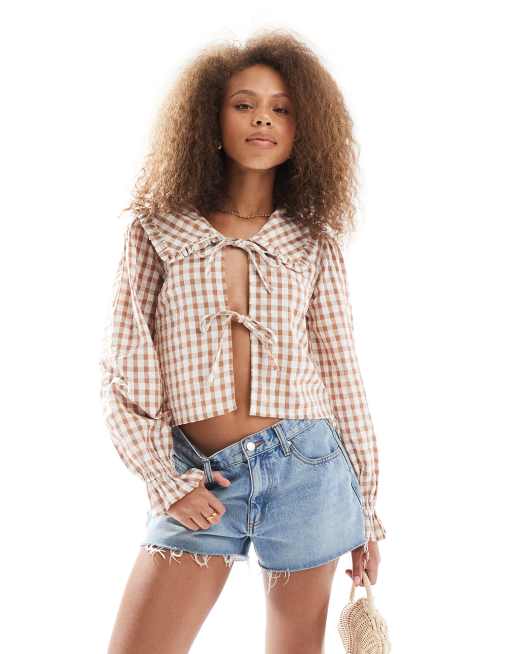 Wednesday's Girl - Blouse met strikdetail en gingham ruit in roestbruin