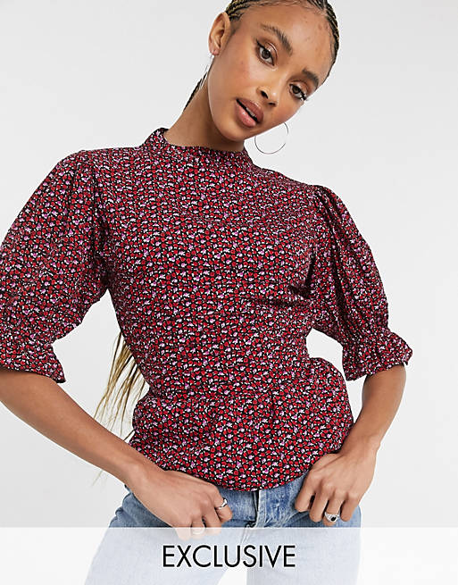 Wednesday's Girl blouse with shirred sleeves in ditsy rose print