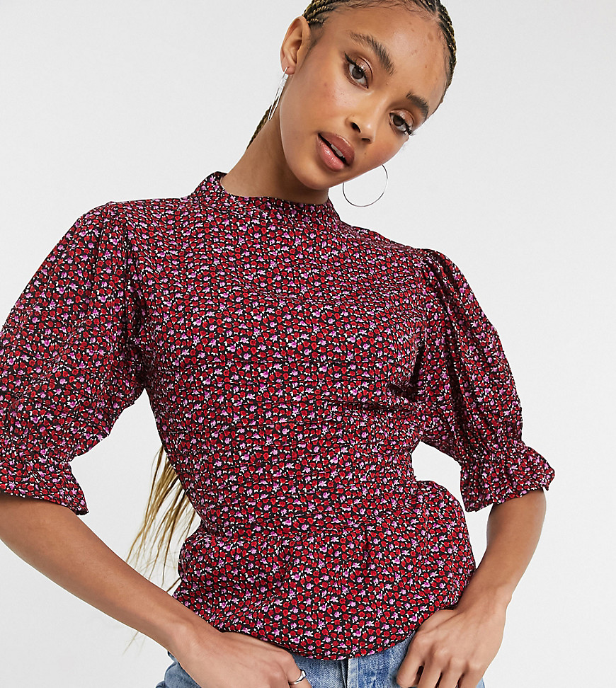 Wednesday's Girl blouse with shirred sleeves in rose print-Multi