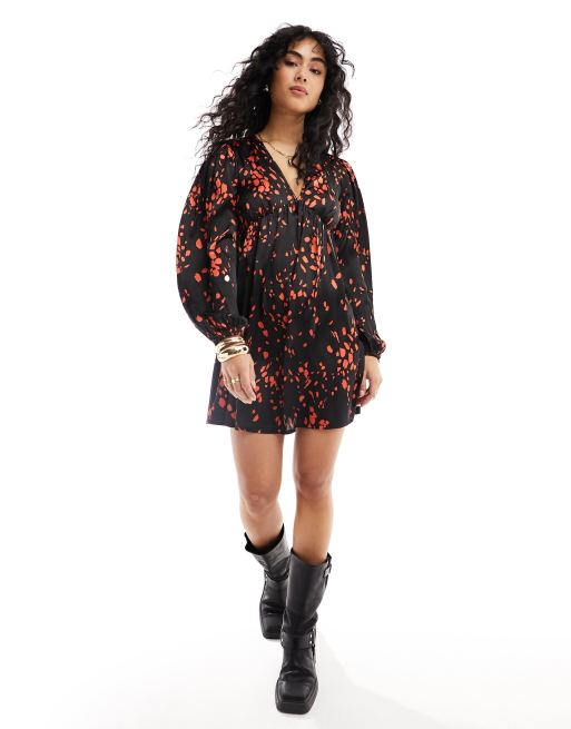 Wednesday's Girl blurred dot print satin smock dress in black and