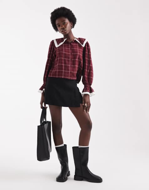 Wednesday's Girl - Blusa bordeaux a quadri effetto griglia con colletto e bordi decorati - view 1
