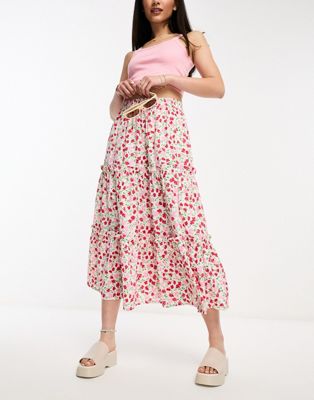 Wednesday's Girl boho midi tiered skirt in pink and red ditsy