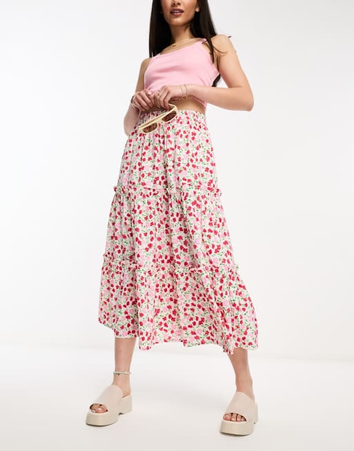Wednesday's Girl boho midi tiered skirt in pink and red ditsy