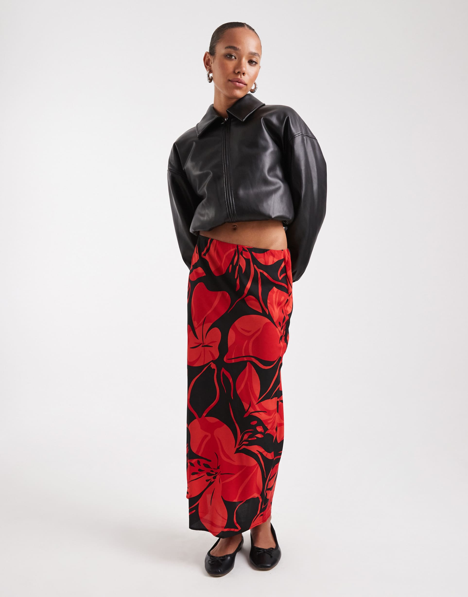 wednesday's girl bold bloom bias cut midaxi skirt in red