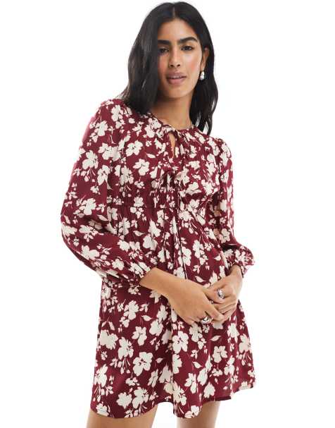 Wednesday's Girl bold bloom mini smock dress in burgundy - view 1