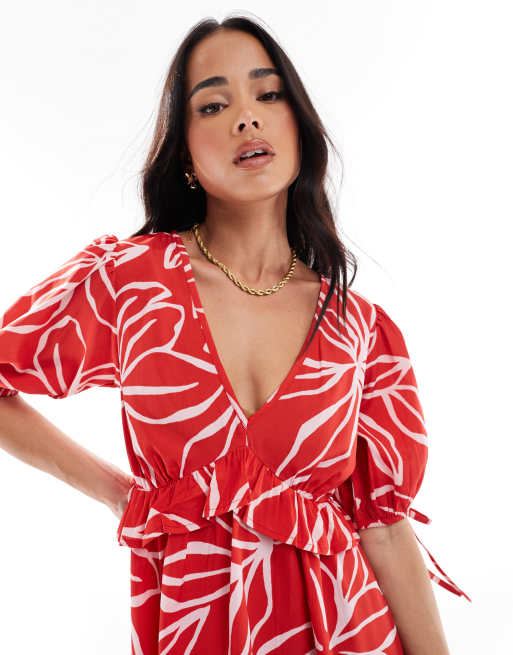 Wednesday's Girl bold bloom mini smock dress in red, 4 of 4