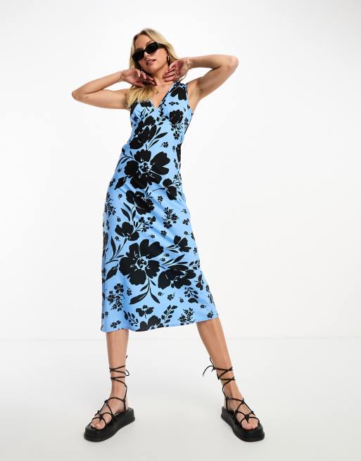 Wednesday's Girl bold bloom slinky midaxi dress in blue