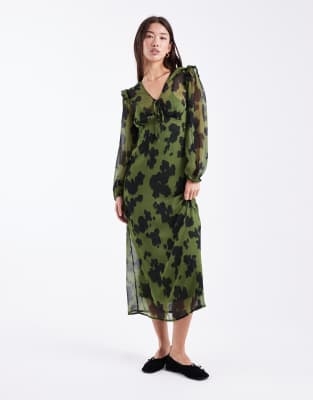 Wednesday's Girl Wednesday's Girl bold bloom v-neck midaxi dress in khaki green
