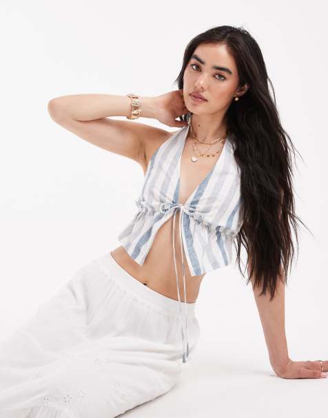 Wednesday's Girl bold stripe halter top in blue - view 1