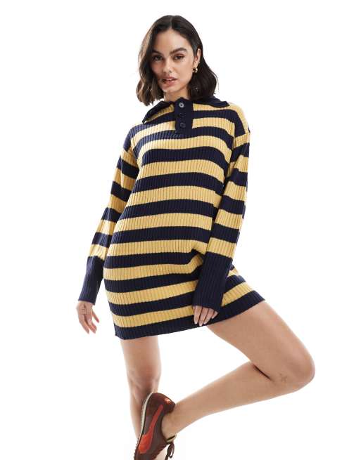 Wednesday's Girl bold stripe knit rugby dress in camel and navy