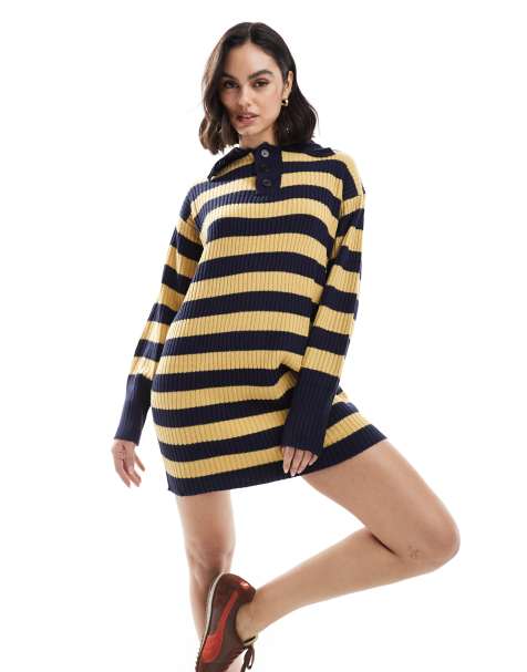 Wednesday's Girl bold stripe knitted rugby dress in camel and navy - view 1