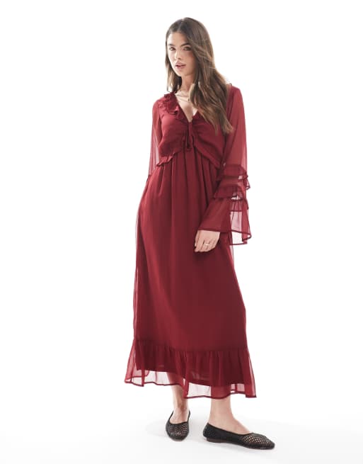 Wednesday's Girl – Bordowa zwiewna sukienka midaxi z dekoltem w szpic