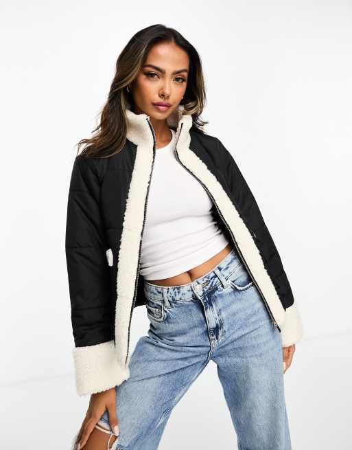 Women's Black Puffa Borg Collar Crop Jacket